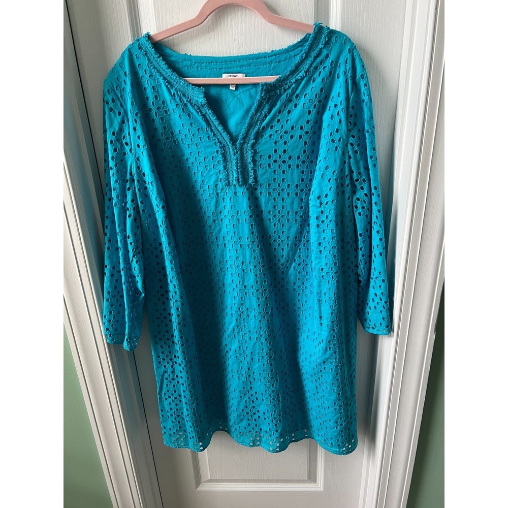 Crown & Ivy Womens Dress Aqua Blue Eyelet Shift 100%‎ Cotton Size 22W NEW $122
